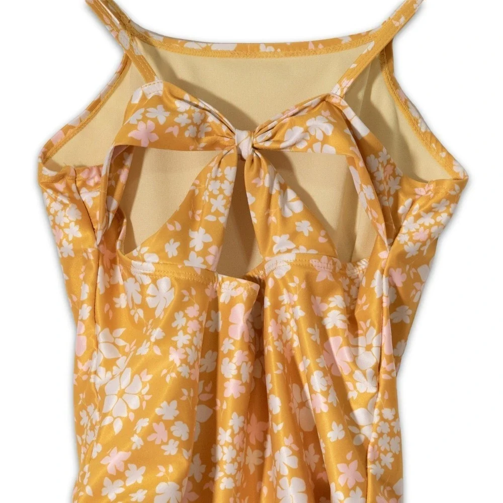 Thereabouts Swimsuit Girls 14 Yellow Floral One Piece Bow Back Summer Beach
